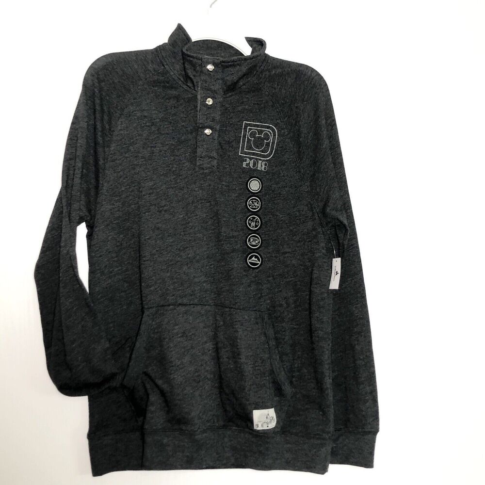Disney Parks 2018 Pullover Mens Small Gray 1/4 Button Kangaroo Pocket NEW